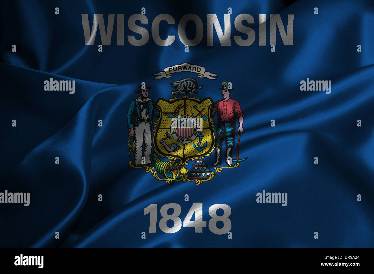 Wisconsin flag on satin texture. Stock Photo