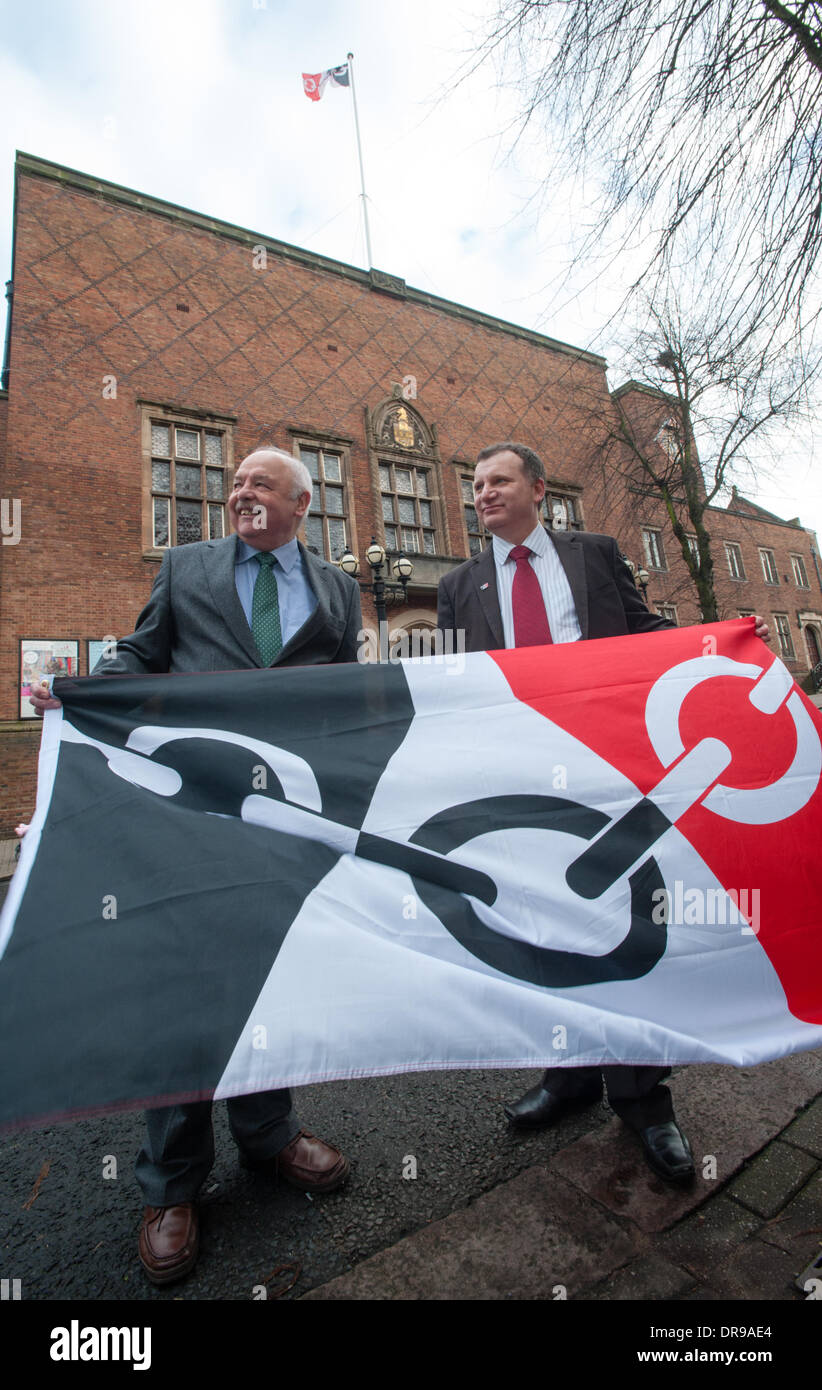 January 21 2014, Dudley. Stourbridge school girl Gracie Sheppard with her design for the Black Country Flag at the launch of Black Country Day with Dudley Council leader l-r David Sparks and deputy leader Councillor Pete Lowe in Dudley, capital of the Black Country Stock Photo