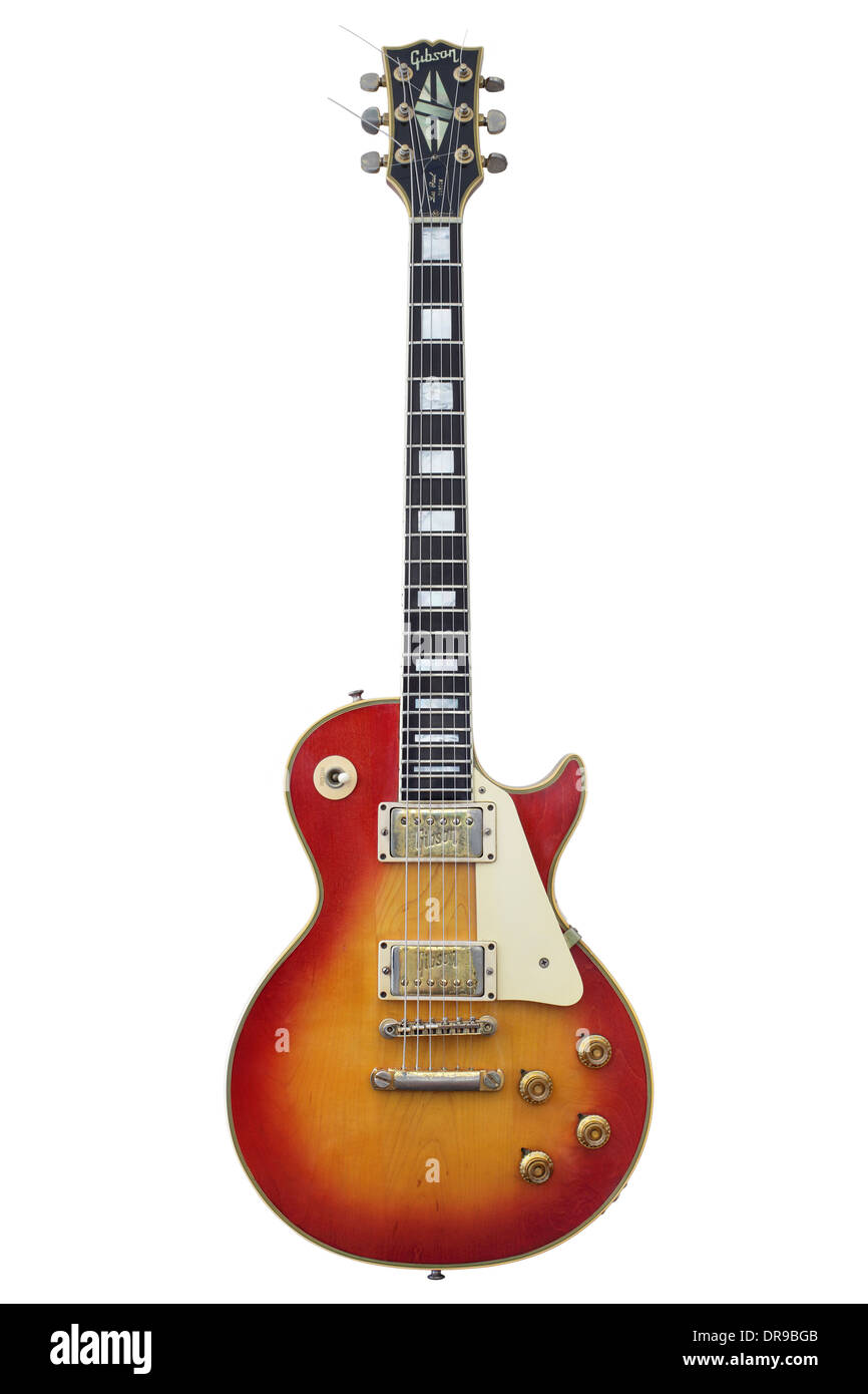 A vintage, cherry, sunburst Gibson Les Paul Custom electric guitar, made around 1972. Stock Photo