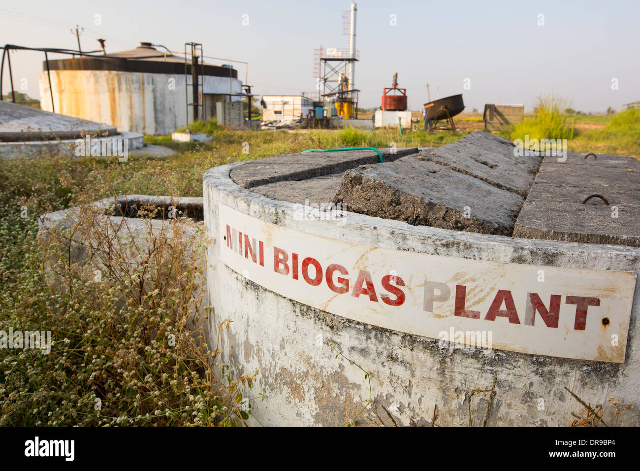biogas plant, that is fed with food waste and manure and fuels the kitchens at The Muni Seva Ashram in Goraj, India Stock Photo