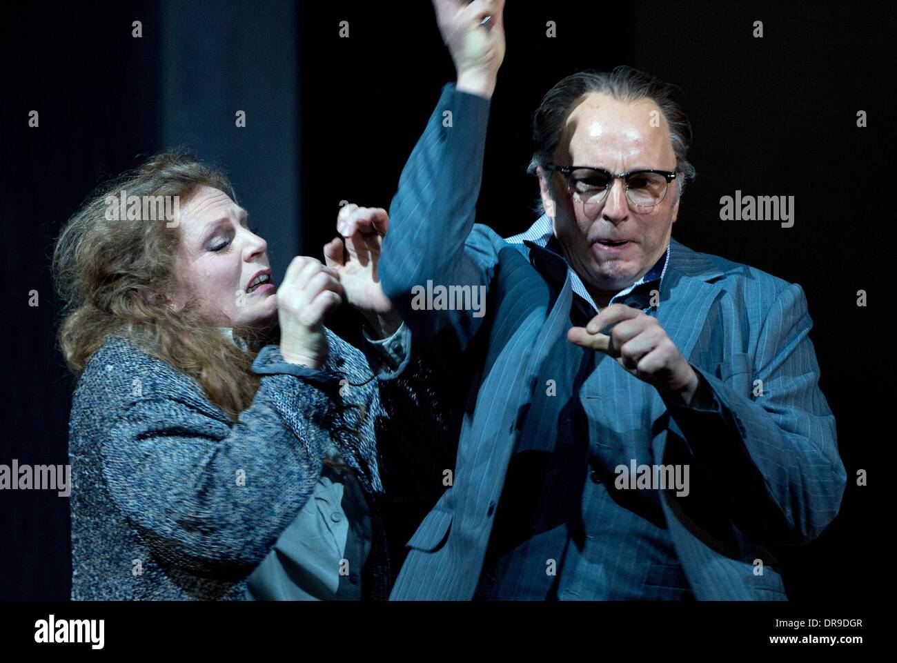 Berlin, Germany. 20th Jan, 2014. Dutch soprano Eva-Maria Westbroek (Kat'a, L) and German tenor Stefan Ruegamer (her husband Tichon) perform during the rehearsal for the opera 'Kat'a Kabanova' at the State Opera in the Schillertheater in Berlin, Germany, 20 January 2014. The opera directed by Leos Janacek will premiere on 25 January 2014. Photo: SOEREN STACHE/dpa/Alamy Live News Stock Photo