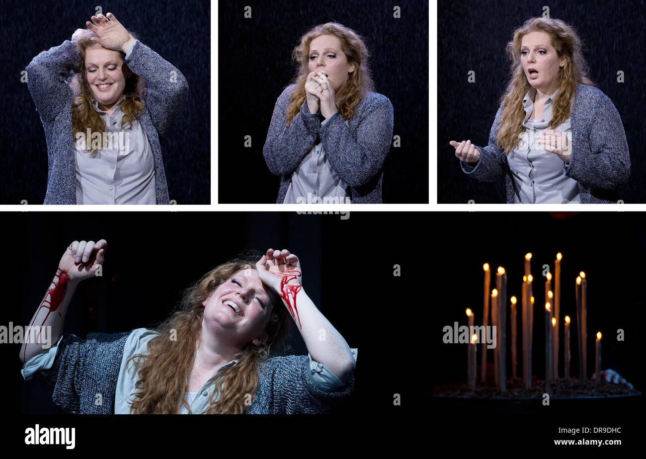 Berlin, Germany. 20th Jan, 2014. COMBO - Dutch soprano Eva-Maria Westbroek (Kat'a, L) perfrms during the rehearsal for the opera "Kat'a Kabanova" at the State Opera in the Schillertheater in Berlin, Germany, 20 January 2014. The opera by Leos Janacek and directed by Simon Rattle will premiere on 25 January 2014. Photo: SOEREN STACHE/dpa/Alamy Live News Stock Photo