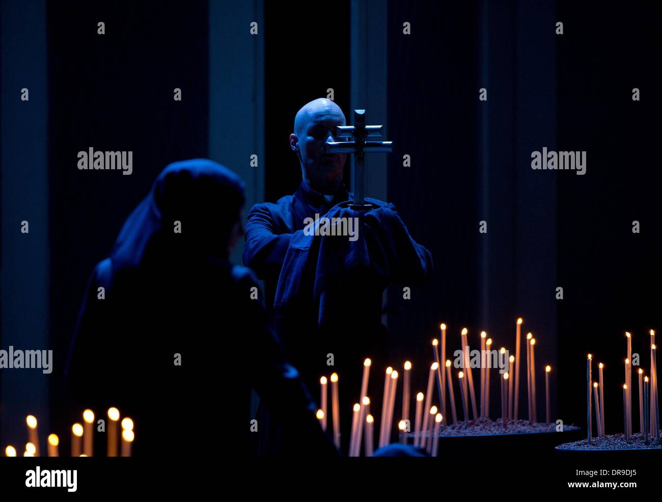 Berlin, Germany. 20th Jan, 2014. Members of the ensemble sing and perform during the rehearsal for the opera 'Kat'a Kabanova' at the State Opera in the Schillertheater in Berlin, Germany, 20 January 2014. The opera by Leos Janacek and directed by Simon Rattle will premiere on 25 January 2014. Photo: SOEREN STACHE/dpa/Alamy Live News Stock Photo