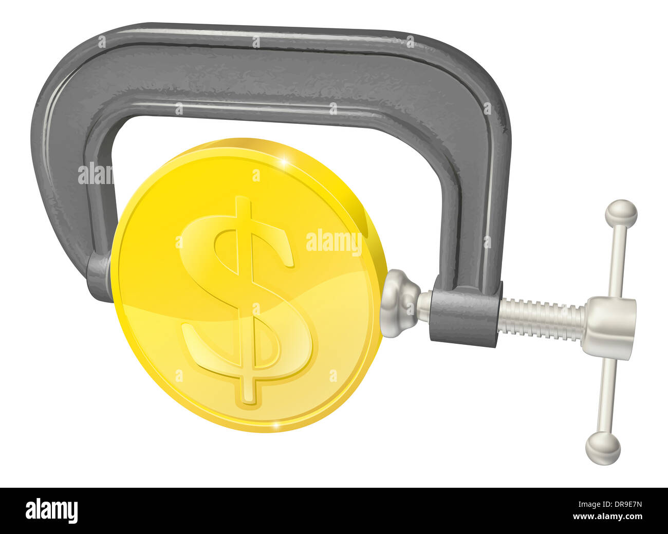 Conceptual illustration of a gold coin in a C or G clamp Stock Photo