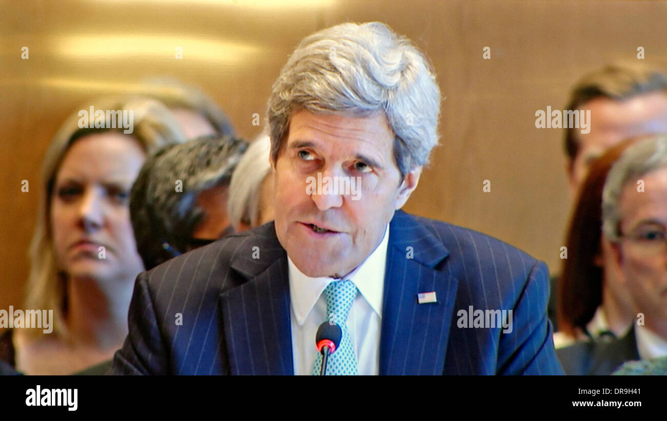 US Secretary of State John Kerry makes his opening statement at the start of talks focused on reaching a settlement in Syria January 22, 2014 in Montreux, Switzerland. Stock Photo