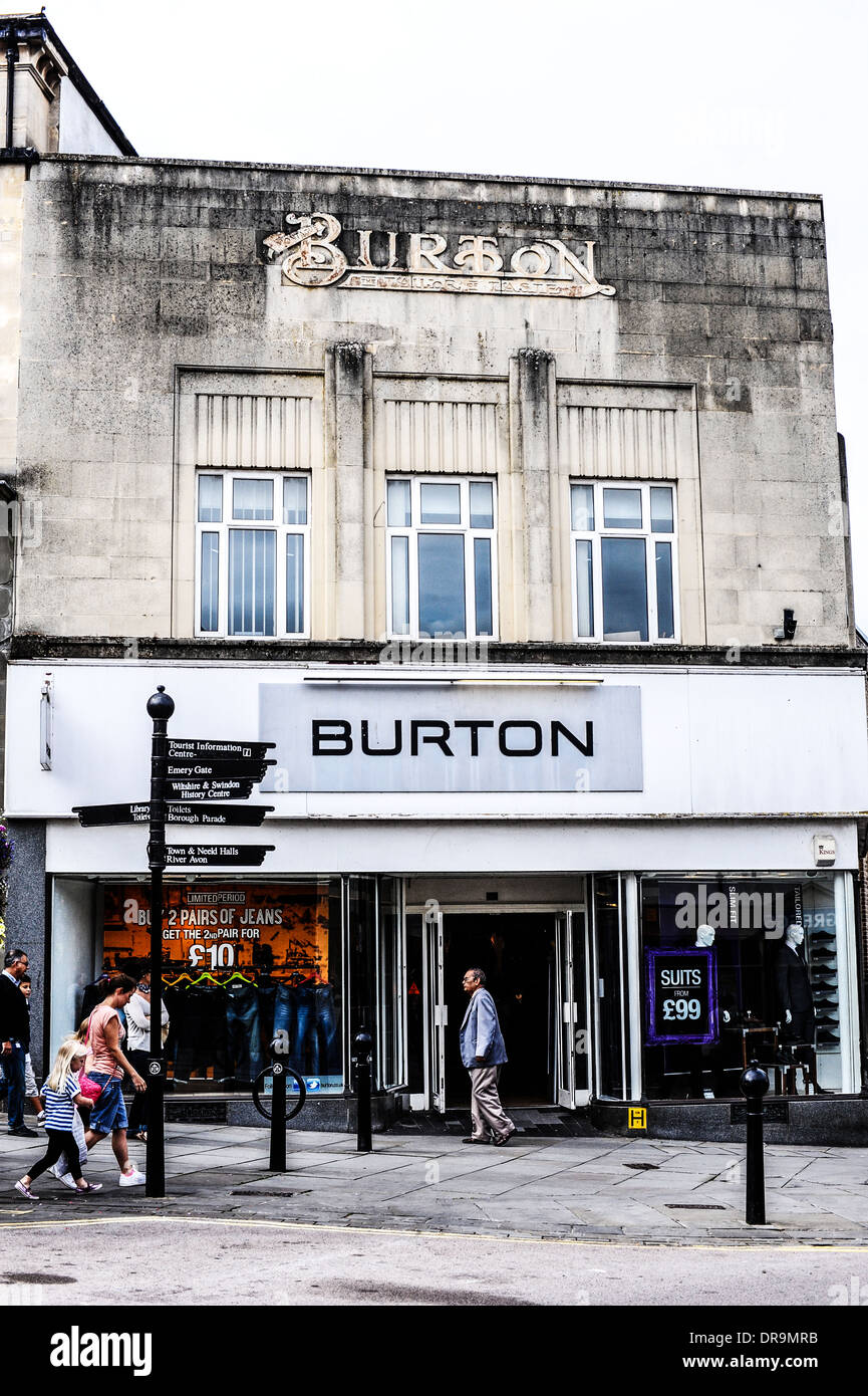 A Burton store in Chippenham. Note the original sign at the top of the  building Stock Photo - Alamy