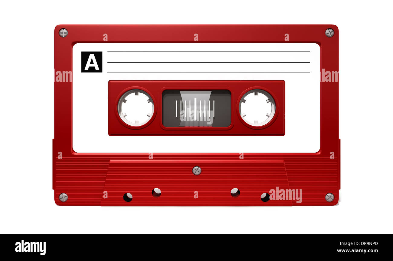 A close up view of a red vintage audio cassette tape with a white label on an isolated white background Stock Photo