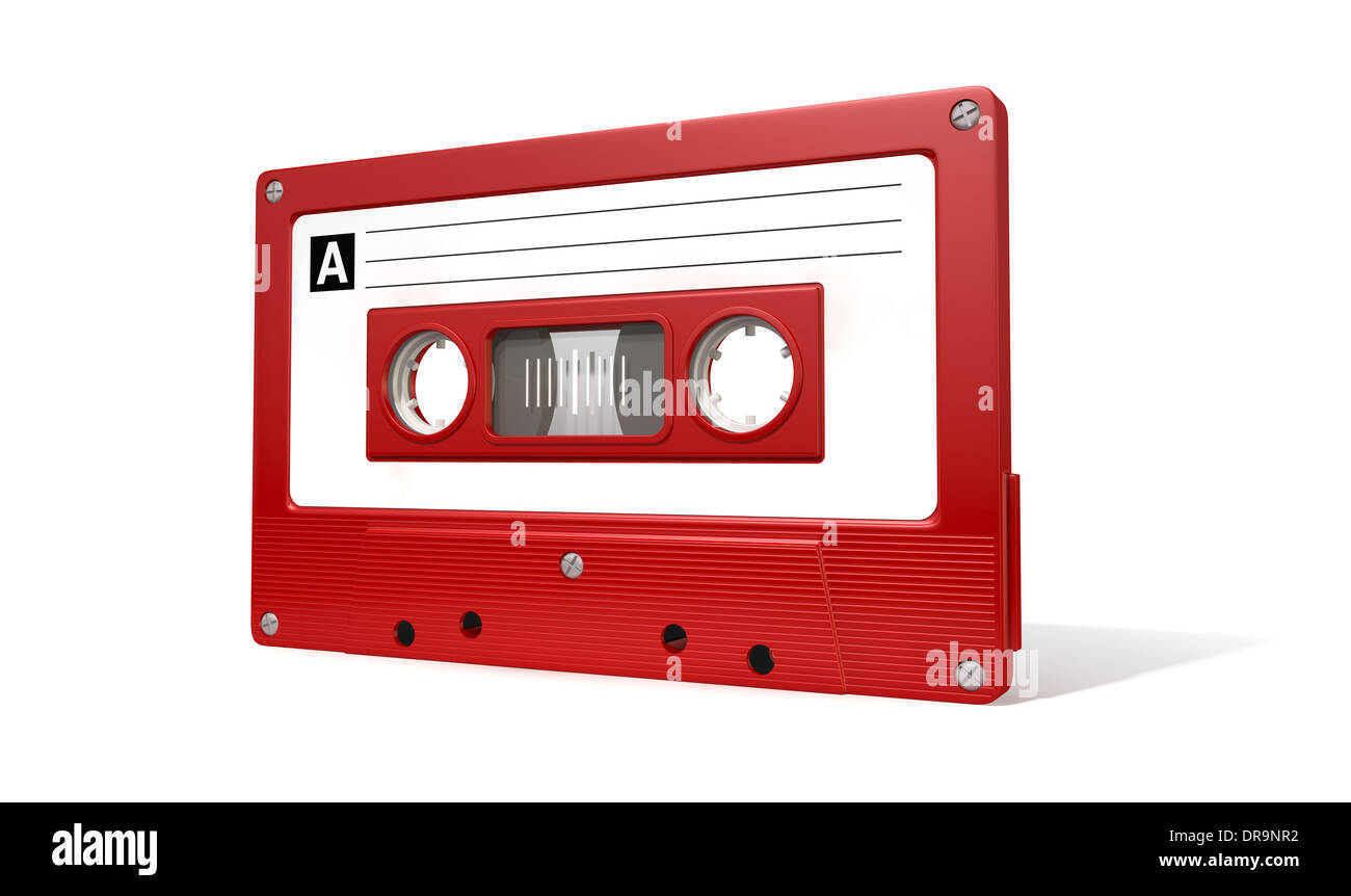 A close up view of a red vintage audio cassette tape with a white label on an isolated white background Stock Photo