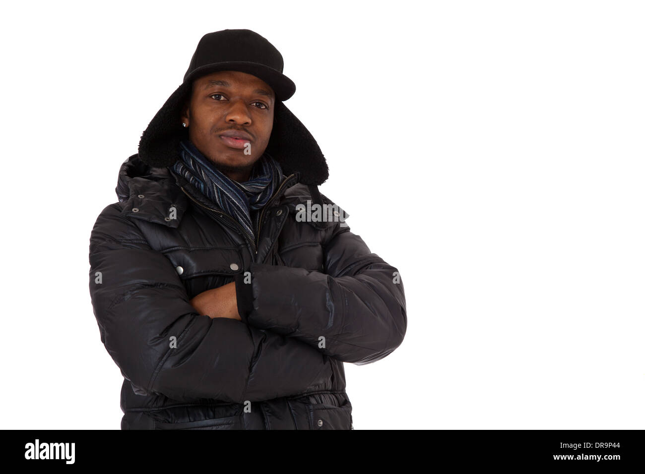 Black guy in winter clothes. All on white background Stock Photo