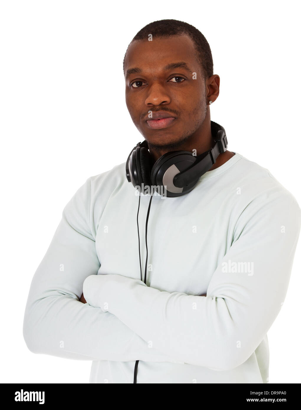 Attractive black guy with headphones. All on white background. Stock Photo