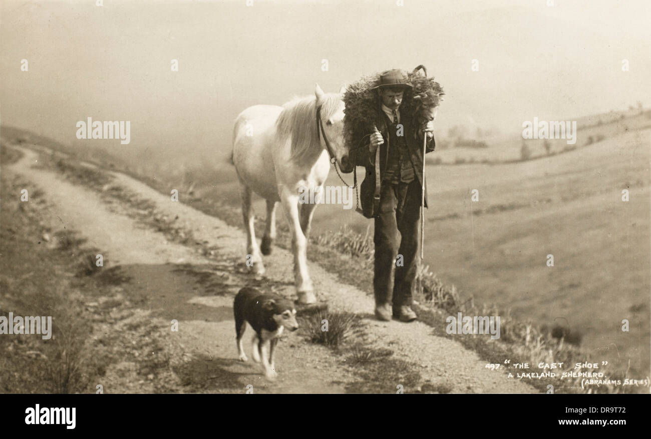 Shepherd with sheep, horse and dog Stock Photo