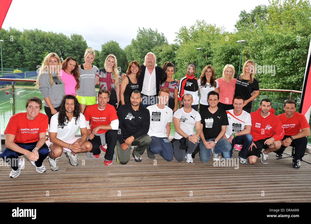 Sir Richard Branson, Louie Spence,  Chelsee Healey,  Zoe Hardman, Michael Underwood and Angellica Bell, Ollie Locke, Nicola Mclean, Michelle Heaton and Ricky Rayment, Kay Burley, Toby Anstis, James Barr, Charlie Brooks, Oliver Phelps, Jon Lee, Nell McAndrew Sir Richard Branson unveils the first group of celebrities taking part in September's 2012 Virgin Active London Triathlon Lond Stock Photo