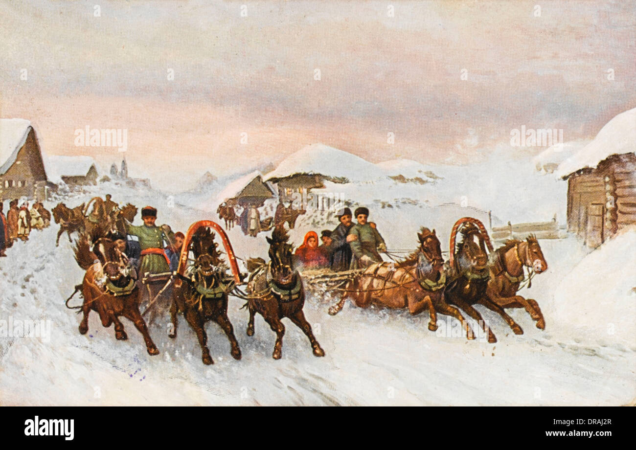 TROIKA Horse Carriage Russian Peasant Village Snow Winter Ethnic New Postcard 