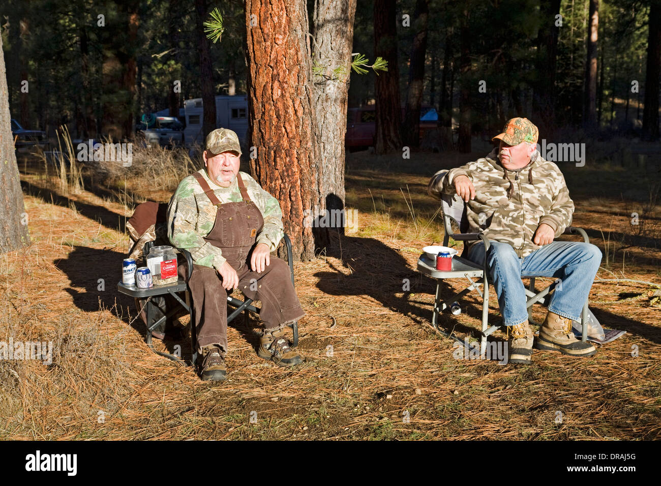 Two elderly brothers xsit in the forest drinking beer and eating cashew nuts on a winter afternoon Stock Photo