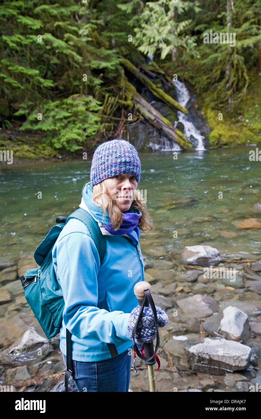 Hikers in a temperate rain forest along the Lower Salmon River trail