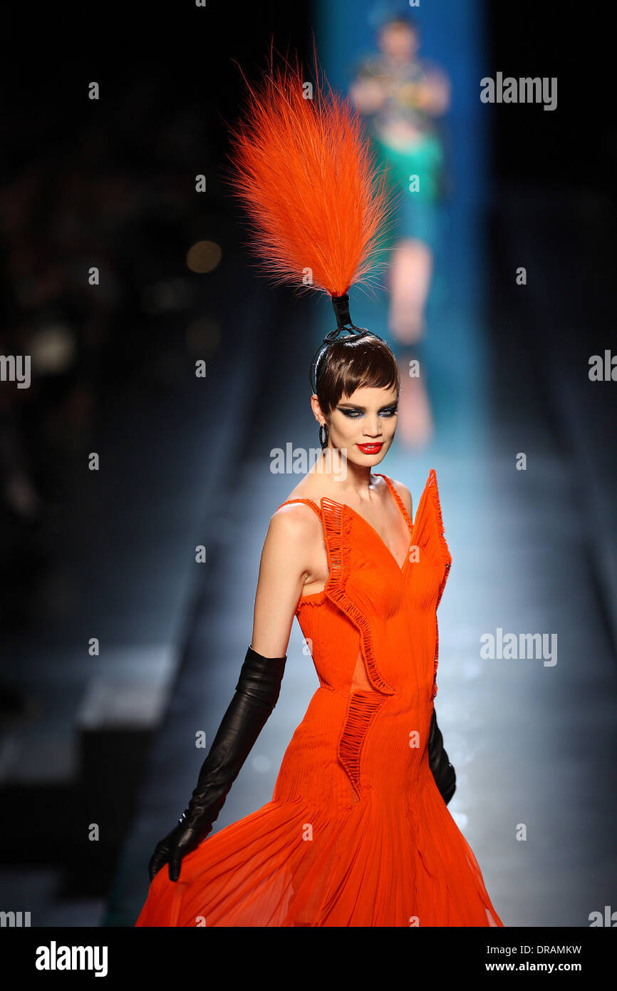Paris, France. 22nd Jan, 2014. A model wears a creation by French designer Jean Paul Gaultier as part of his spring/summer 2014 collection presented during the Paris Haute Couture fashion week, in Paris, France, 22 January 2014. Paris Haute Couture fashion shows run until 22 January 2014. Photo: Hendrik Ballhausen - NO WIRE SERVICE/dpa/Alamy Live News Stock Photo