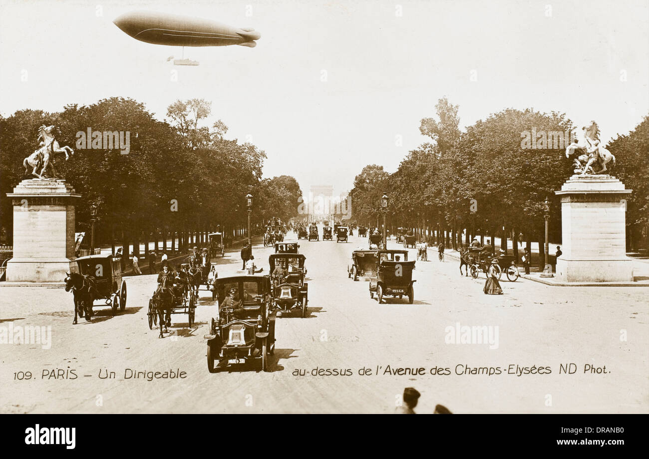 Airship over the Champs Elysees, Paris Stock Photo