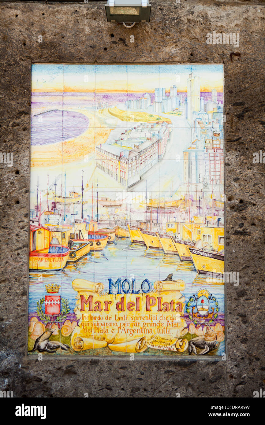 Illustrated plaque made from painted ceramic tiles on a wall in Marina Grande, the Amalfi Coast, Italy. Stock Photo