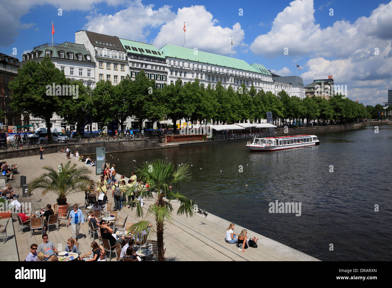 Cafe Alster Pavillion at Waterfront promenade and pier Jungfernstieg, Binnenalster, Lake Alster, Hamburg, Germany, Europe Stock Photo