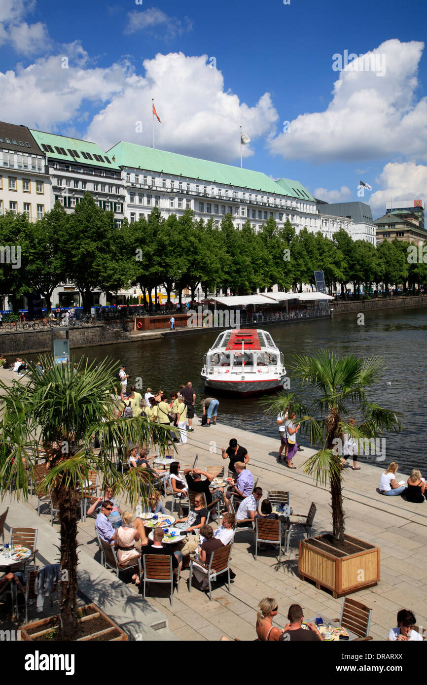 Cafe Alster Pavillion at Waterfront promenade and pier Jungfernstieg, Binnenalster, Lake Alster, Hamburg, Germany, Europe Stock Photo