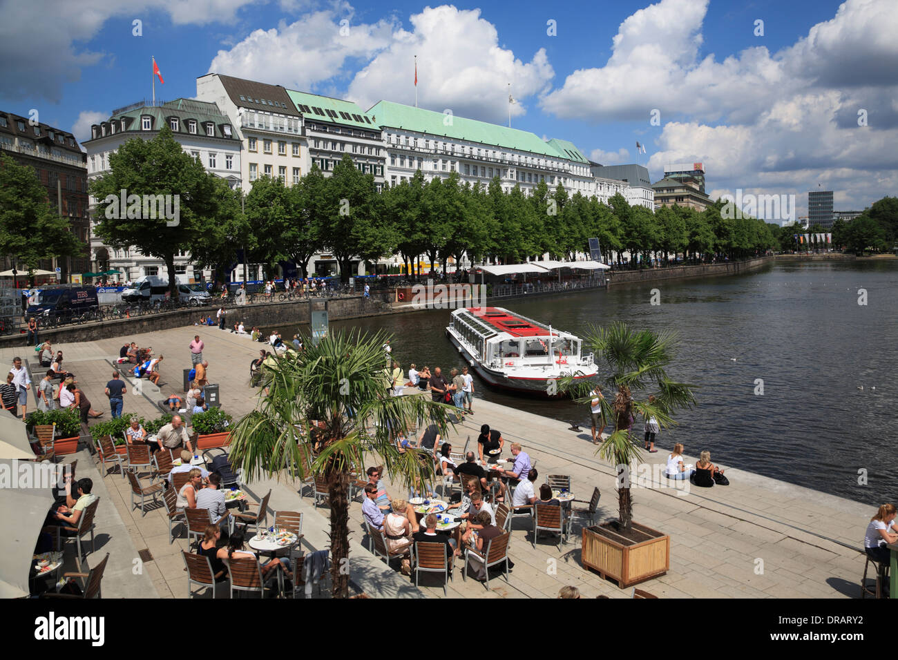 Cafe Alster Pavillion at Waterfront promenade and pier Jungfernstieg, Binnenalster, Lake Alster, Hamburg, Germany, Europe Stock Photo