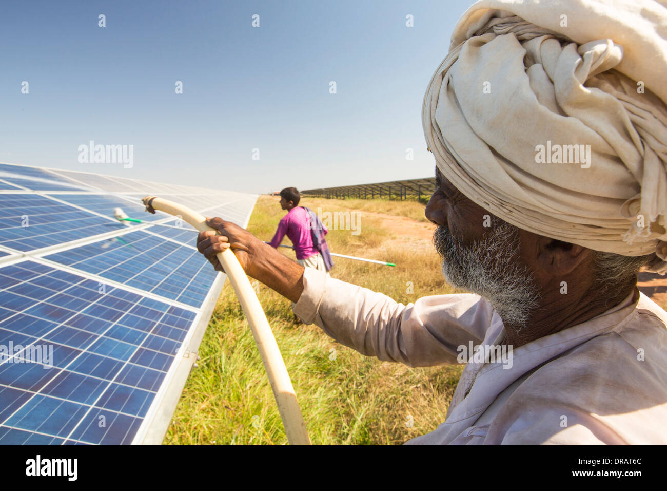 Asia's largest solar popwer station, the Gujarat Solar Park, in Gujarat, India. It has an installed capacity of 1000 MW. Stock Photo