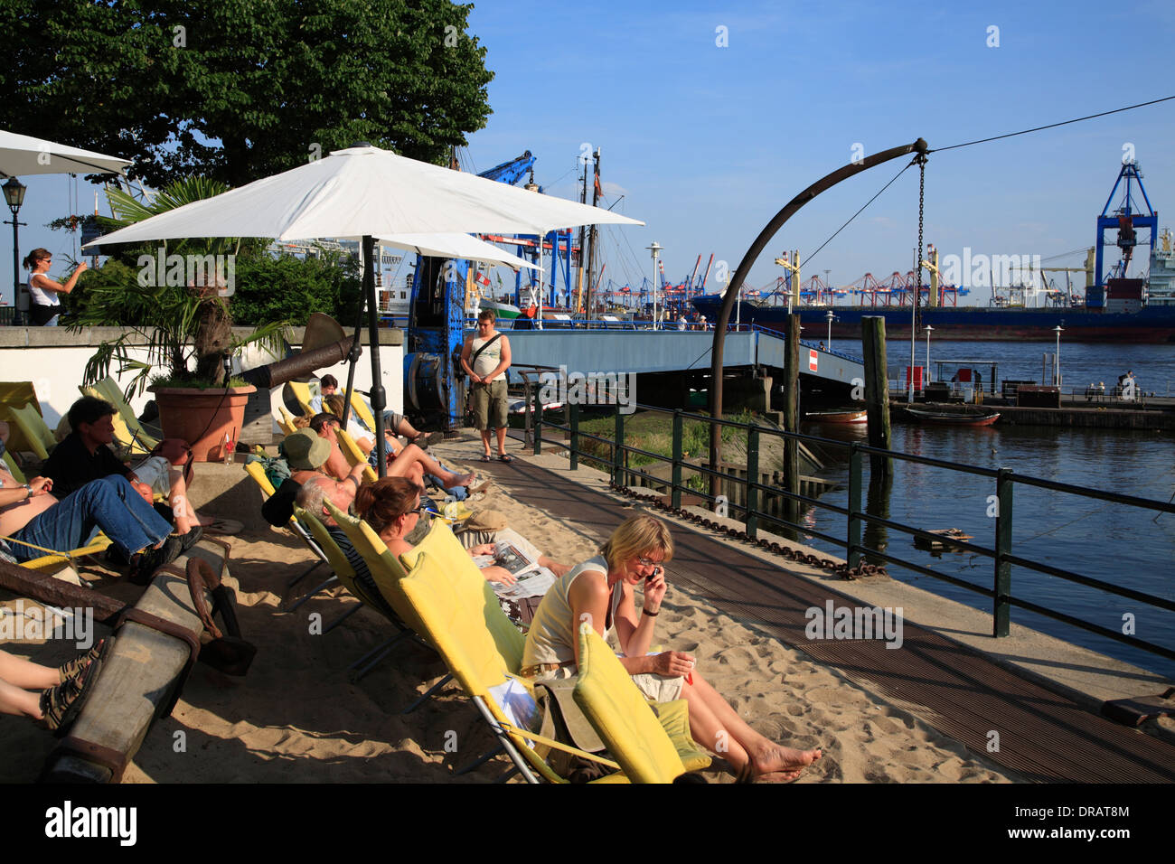City beach at historic harbor Oevelgoenne, Hamburg harbor, Germany, Europe Stock Photo