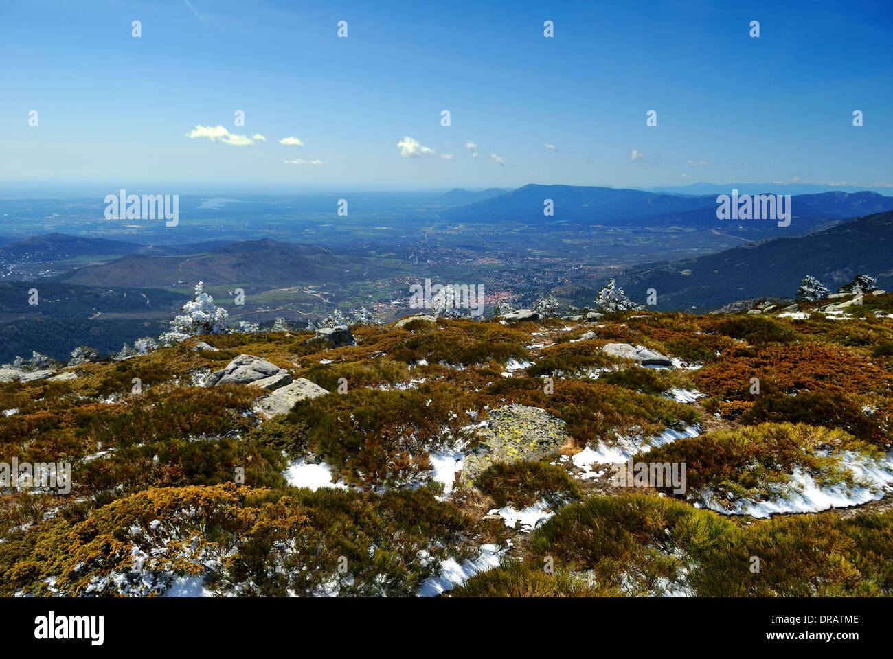 Panoramic view from Siete Picos. Seven Peaks is one of the most important and unique in the Sierra de Guadarrama massifs. Stock Photo