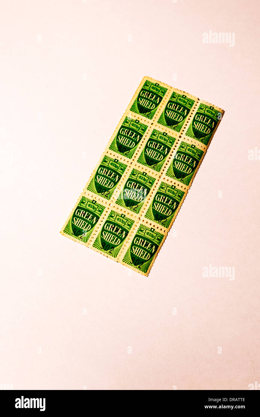 Green Shield stamps from 1970s used to collect points from purchases in petrol stations and shops UK Stock Photo
