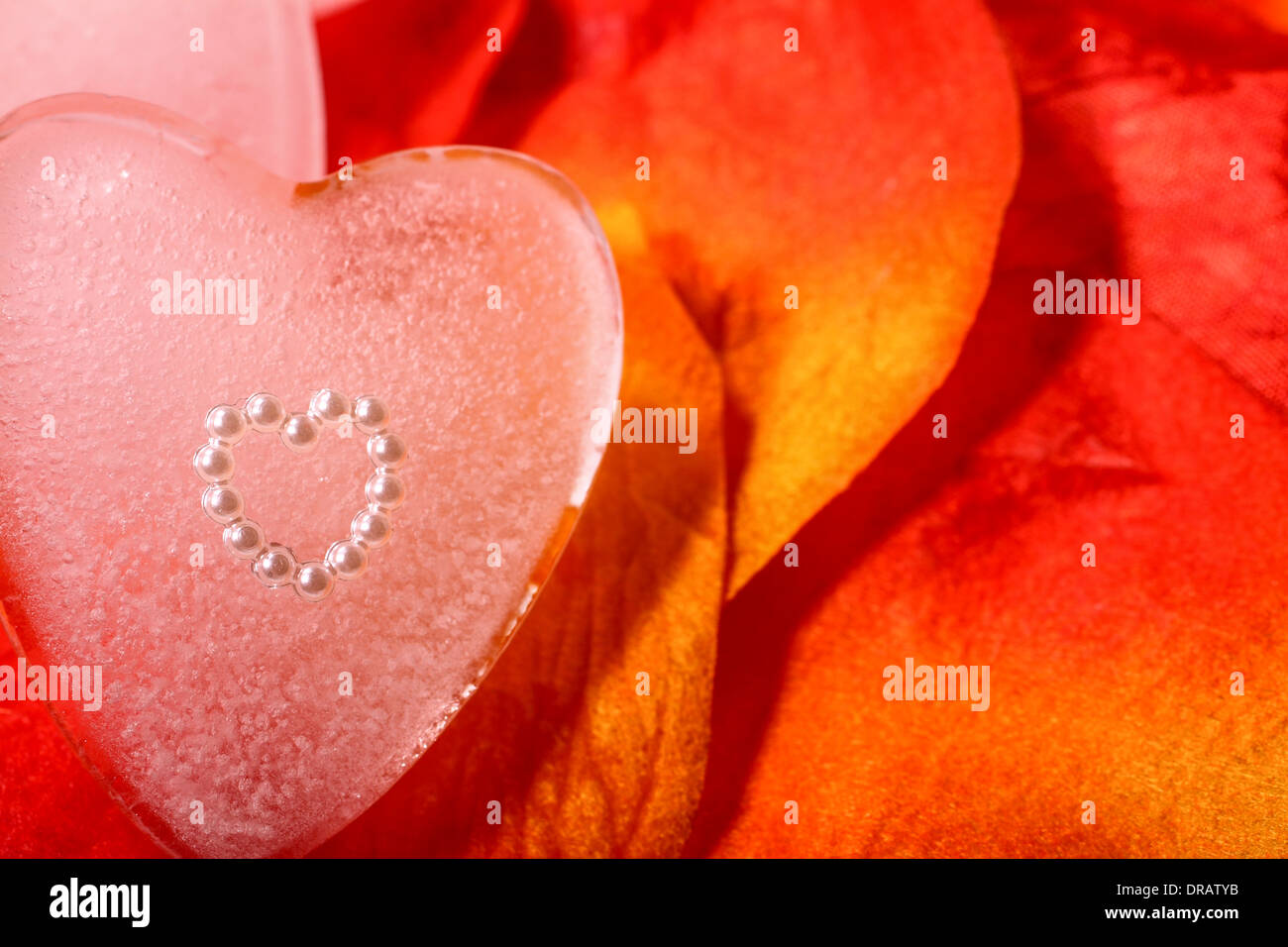 Heart shape embedded in an ice heart on artificial rose petals Stock