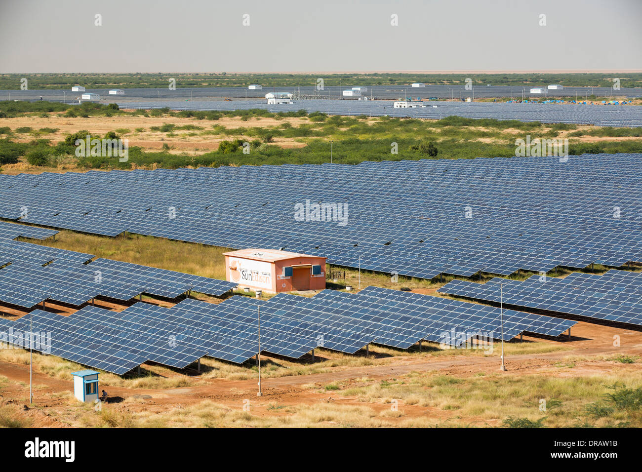 Asia's largest solar popwer station, the Gujarat Solar Park, in Gujarat, India. It has an installed capacity of 1000 MW Stock Photo