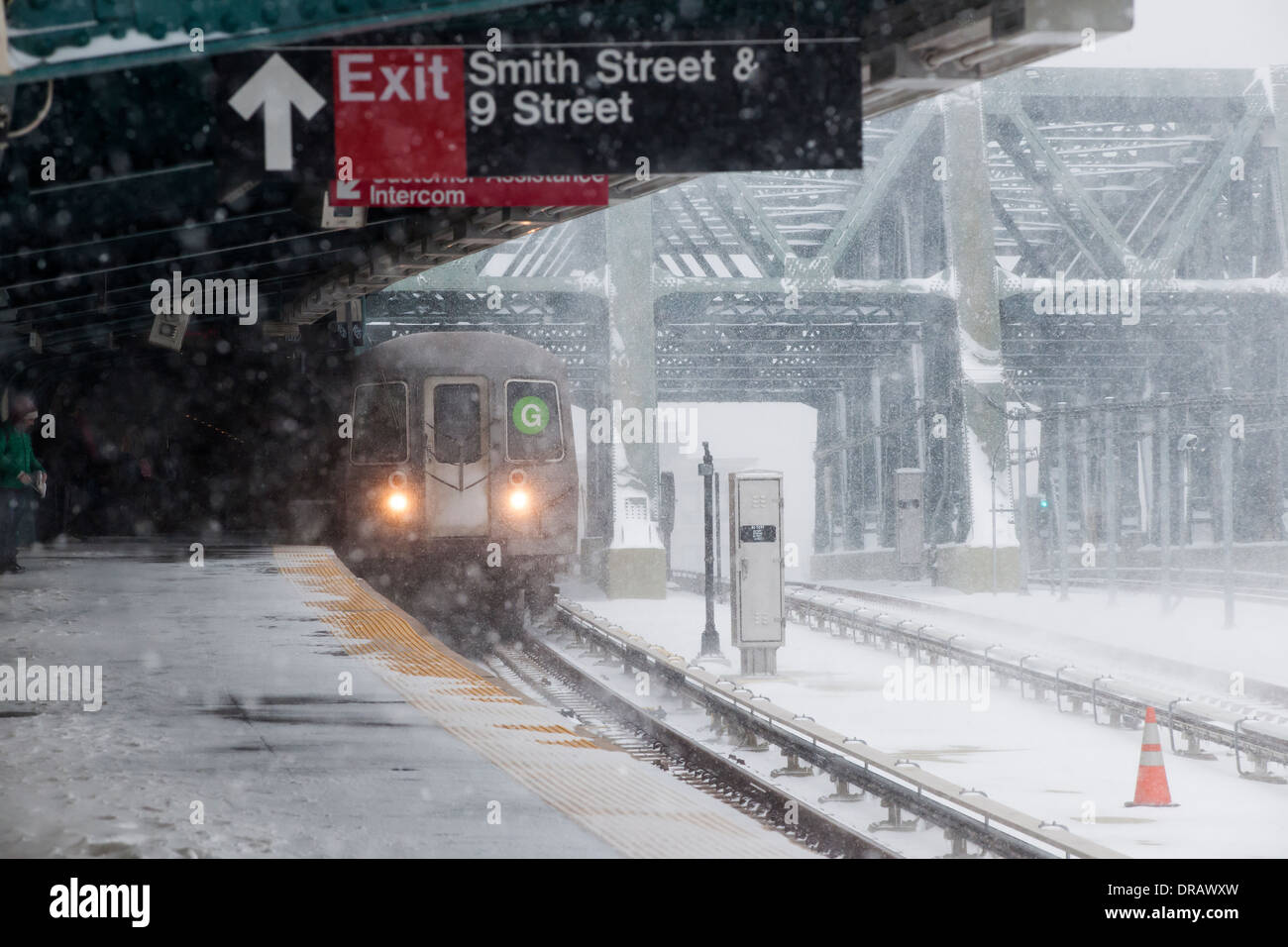 A subway train arrives at the Smith Street-9th Street station in the Gowanus neighborhood of