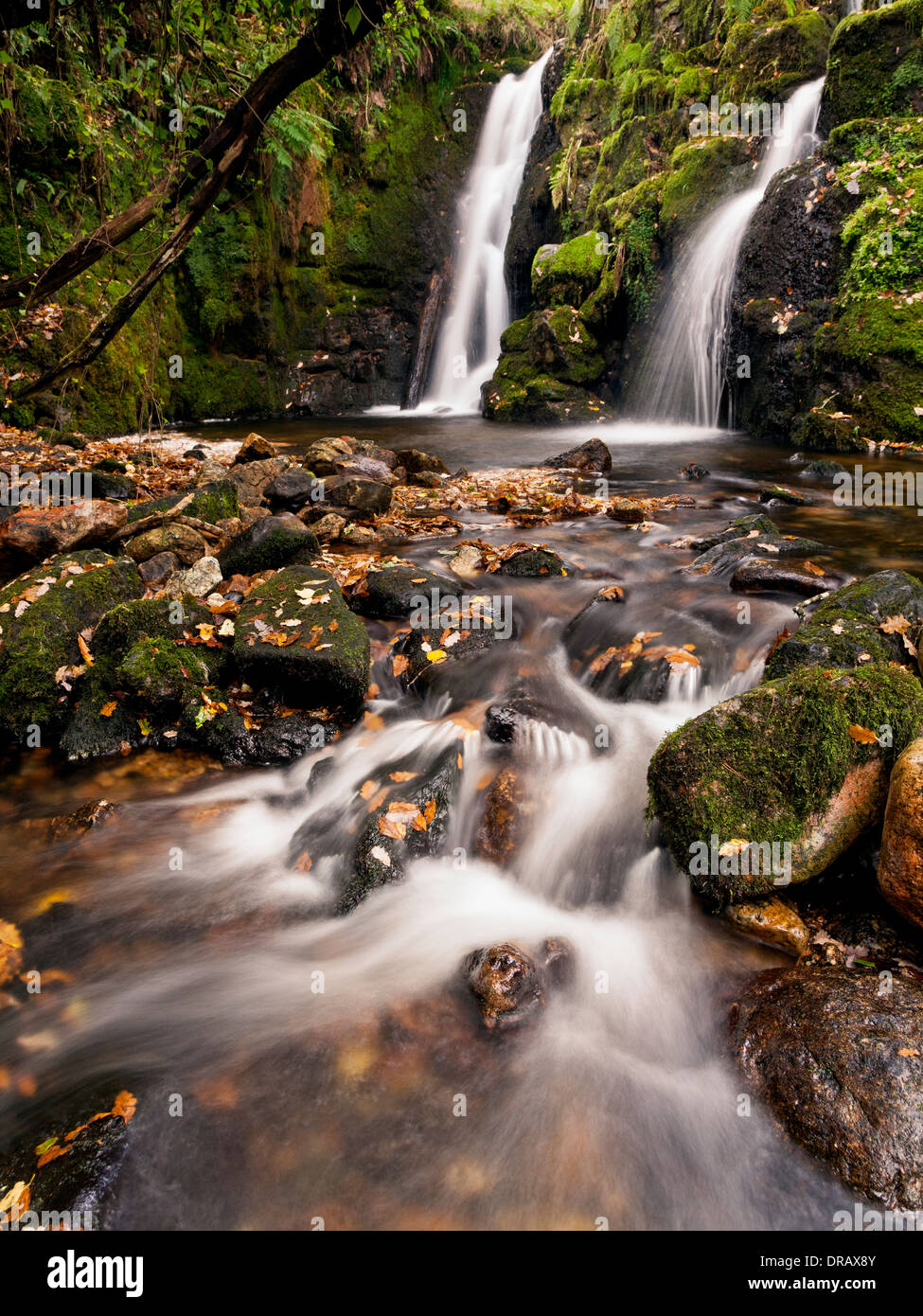 The twin falls at Venford brook and the outflow from the pool at the foot of the falls. Stock Photo