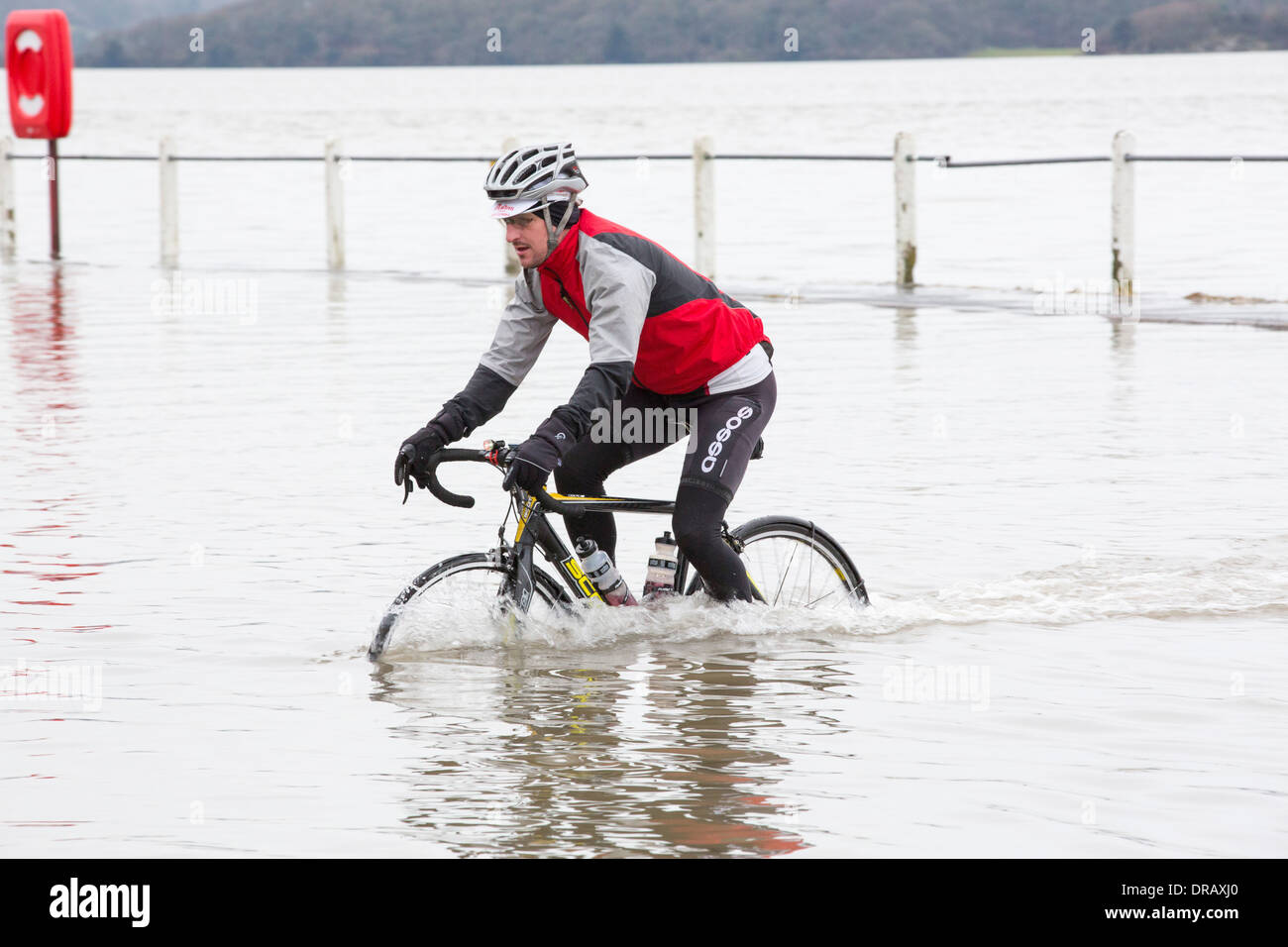A cyclist travels through flood waters on the road at Storth on the Kent Estuary in Cumbria, UK, during the January 2014 storm Stock Photo