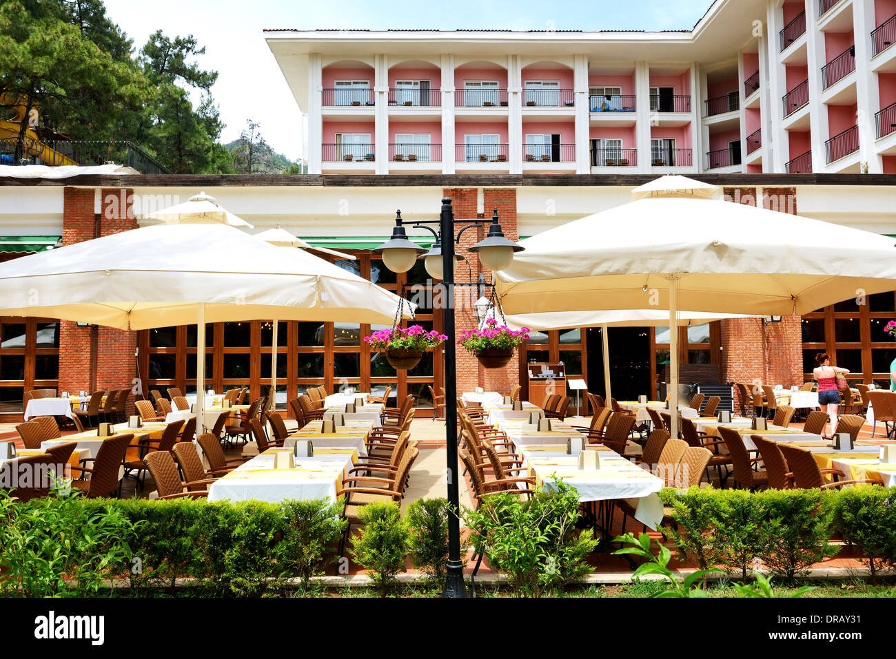 Outdoor restaurant at modern luxury hotel, Marmaris, Turkey Stock Photo