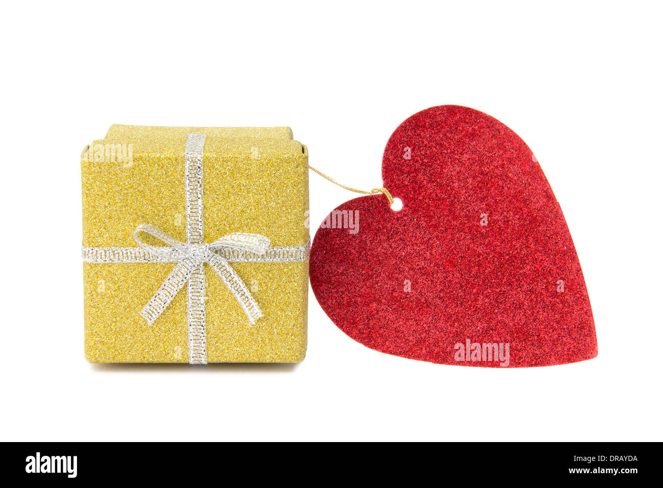 Gift box and red heart shaped card Stock Photo