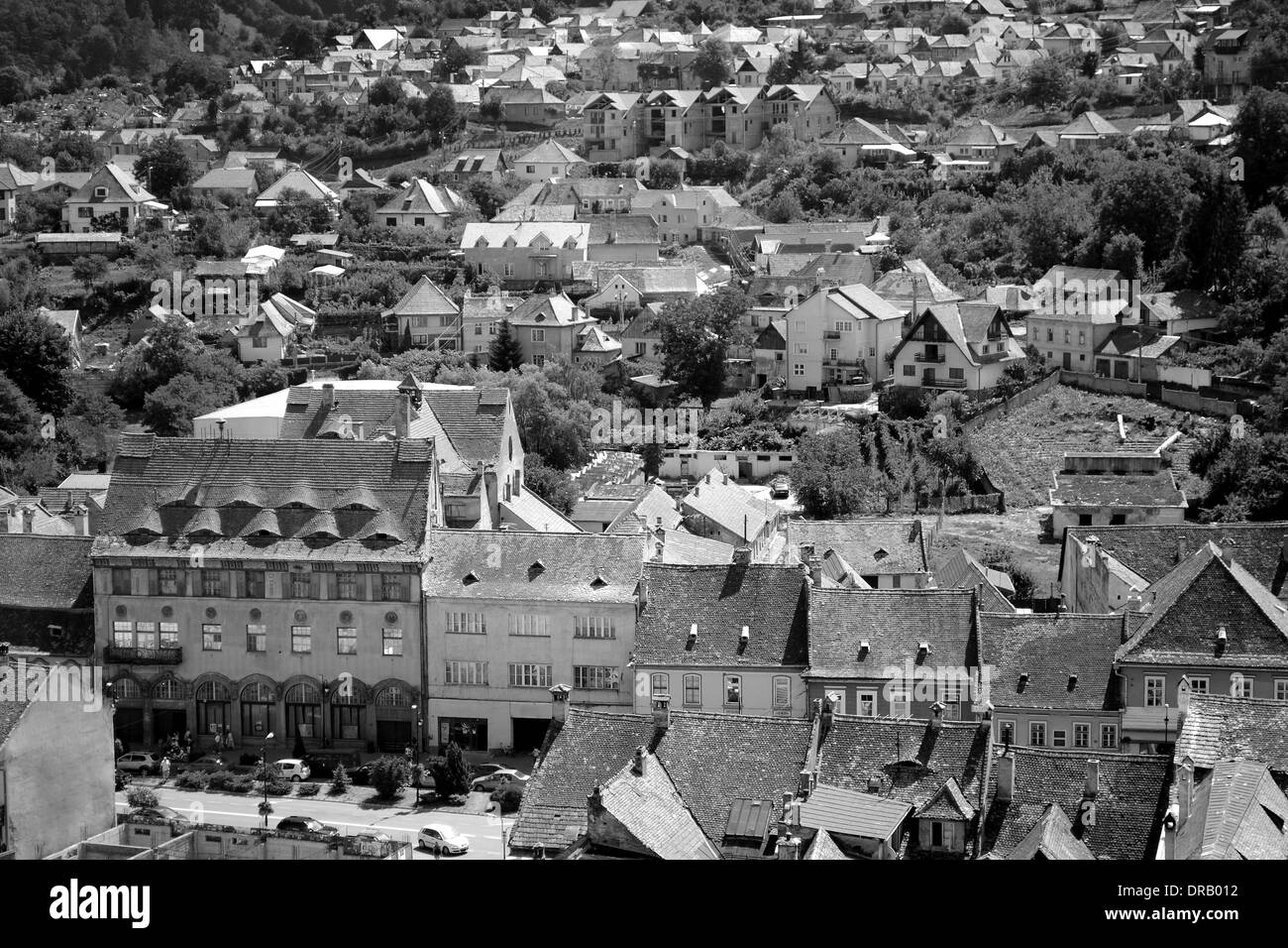 Medieval town from above (Sighisoara in Transylvania Romania) Stock Photo
