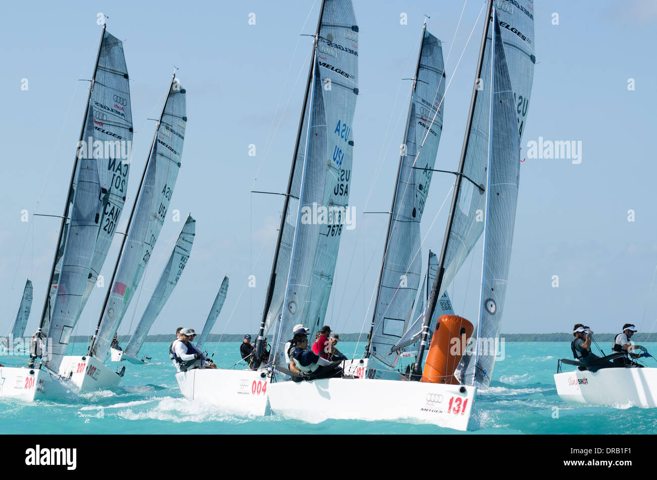 Key Largo, FL, USA, December 17, 2014 - Mark roundings were invariably crowded with highly competent and competitive sailors at the Melges 20 World Championships. Stock Photo