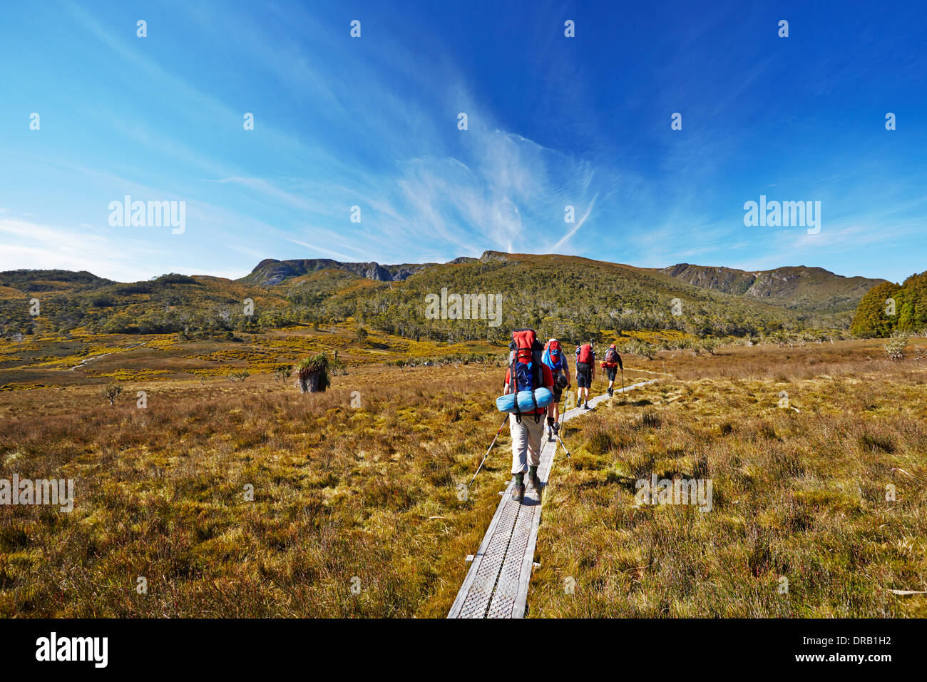 Hikers on Overland Trail in Tasmania, Australia Stock Photo