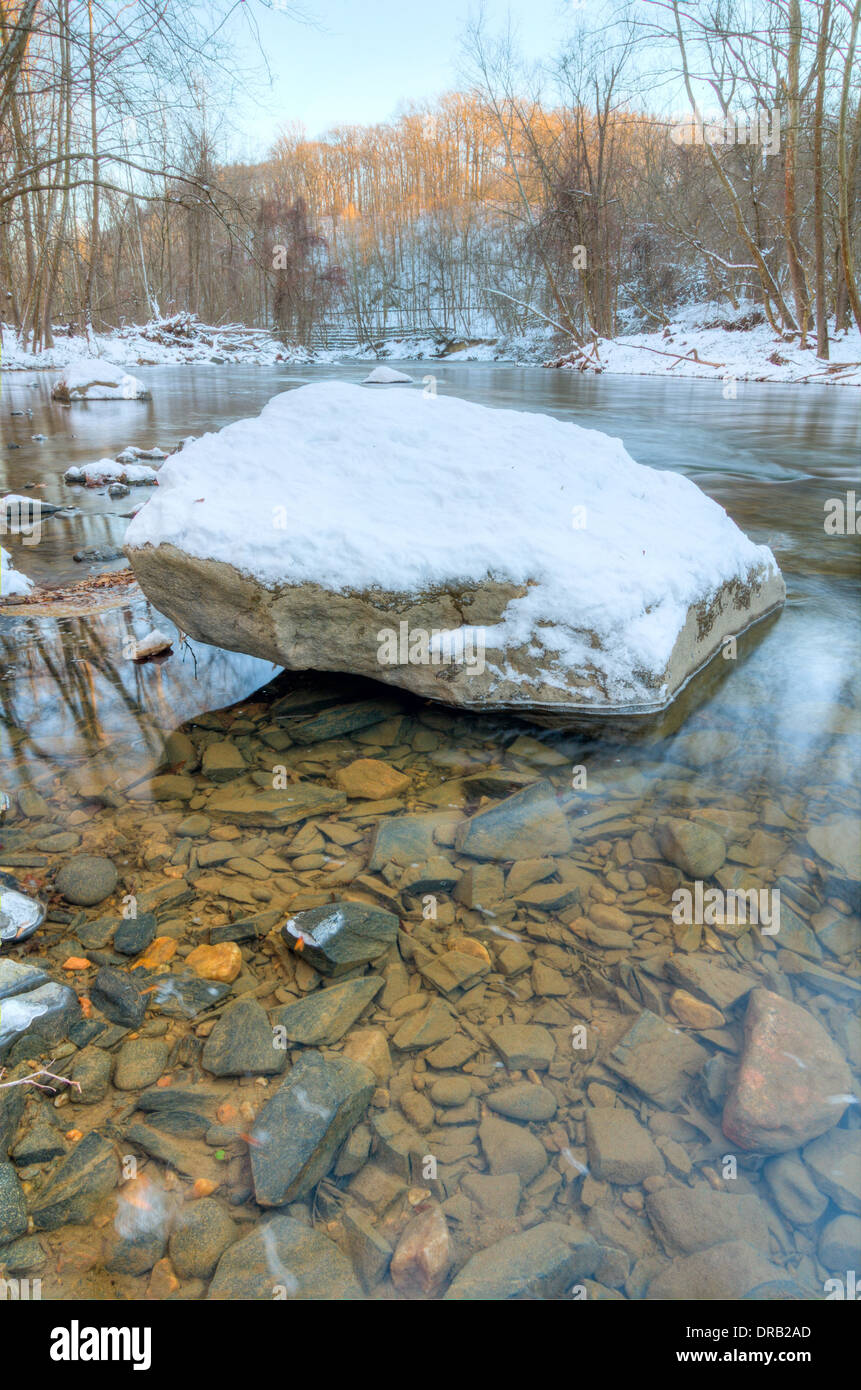 The Patapsco River in Patapsco State Park after an early snow fall Stock Photo