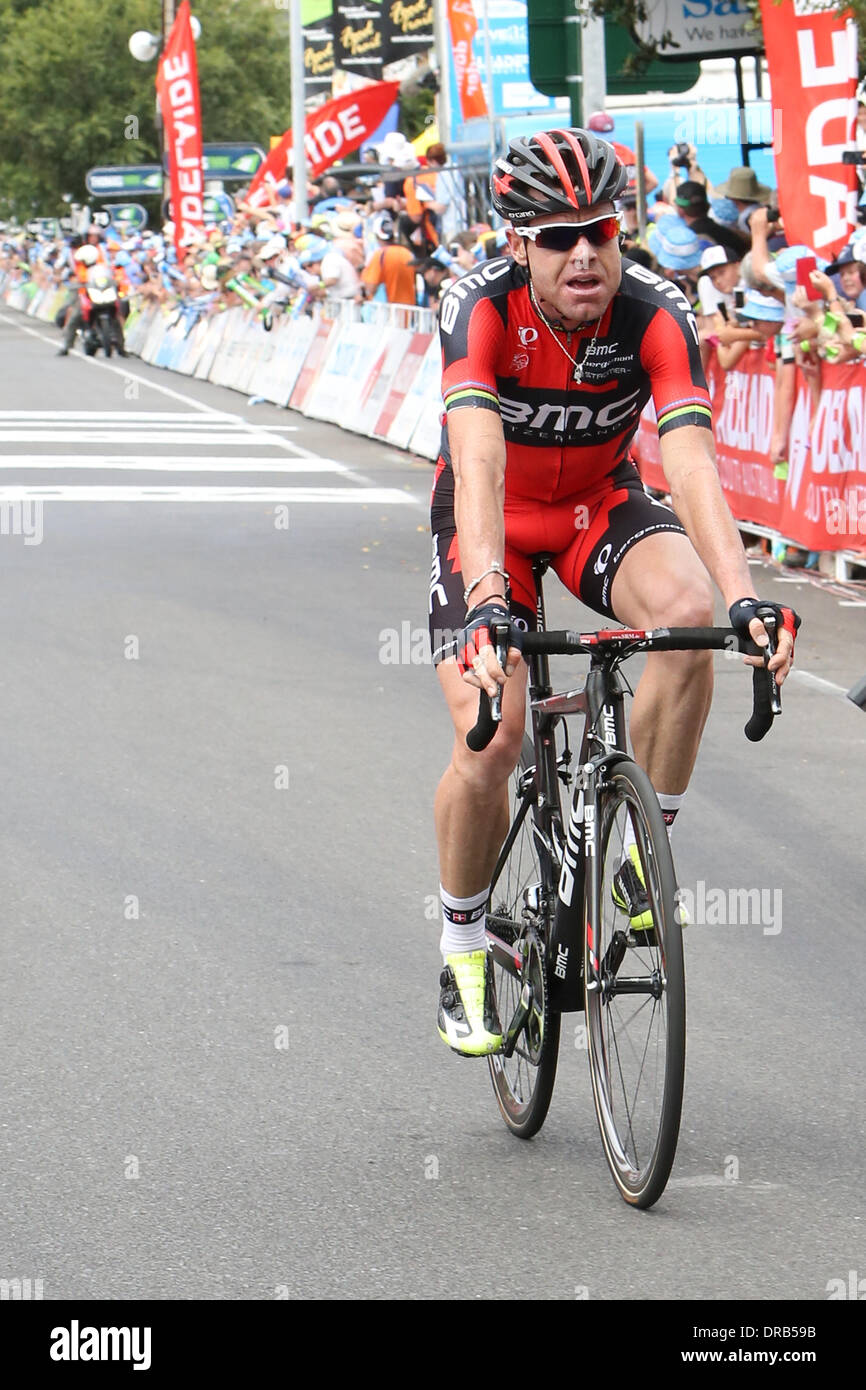 Campbelltown, Adelaide, Australia. 23rd Jan, 2014.  Cadel EVANS (AUS) from the BMC Racing Team crossing the finishing line as the winner of Stage 3 of the 2014 Santos Tour Down Under in Adelaide Australia Credit:  Boris Karpinski/Alamy Live News Stock Photo