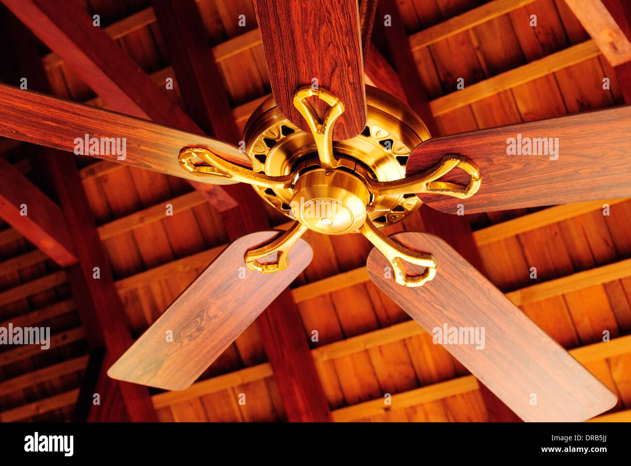 Wooden ceiling fan Stock Photo