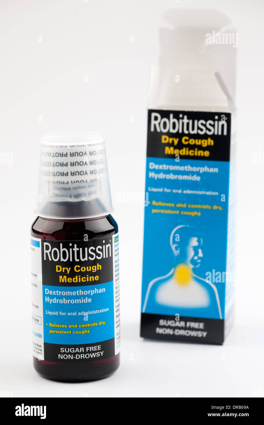 Bottle of Robitussin dry cough medicine containing Dextromethorphan Hydrobromide cough remedy Stock Photo