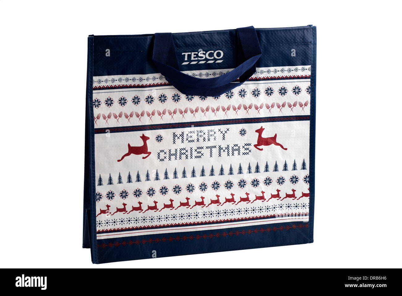 Blue and white Merry Christmas strong nylon shopping bag from Tesco Stock Photo