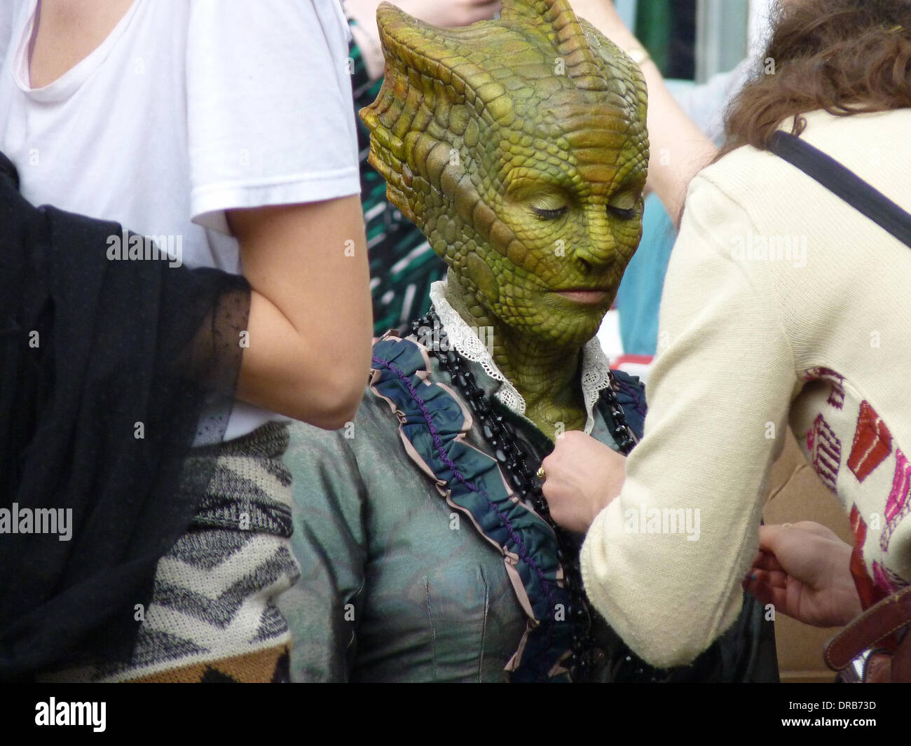 Neve McIntosh as Madame Vastra the Silurian. Shooting a scene for the BBC One Sci Fi series 'Doctor Who'. The episode entitled The Crimson Horror is reportedly written by Mark Gatiss.   Wales - 06.07.12 Stock Photo