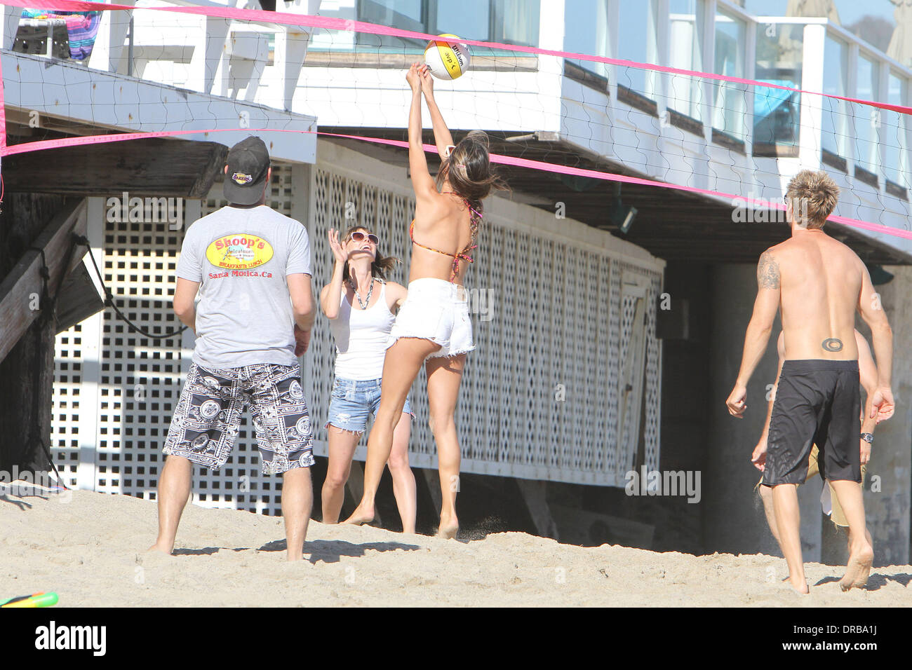 Alessandra Ambrosio plays volleyball on Malibu beach  Malibu, California - 08.07.12 Stock Photo