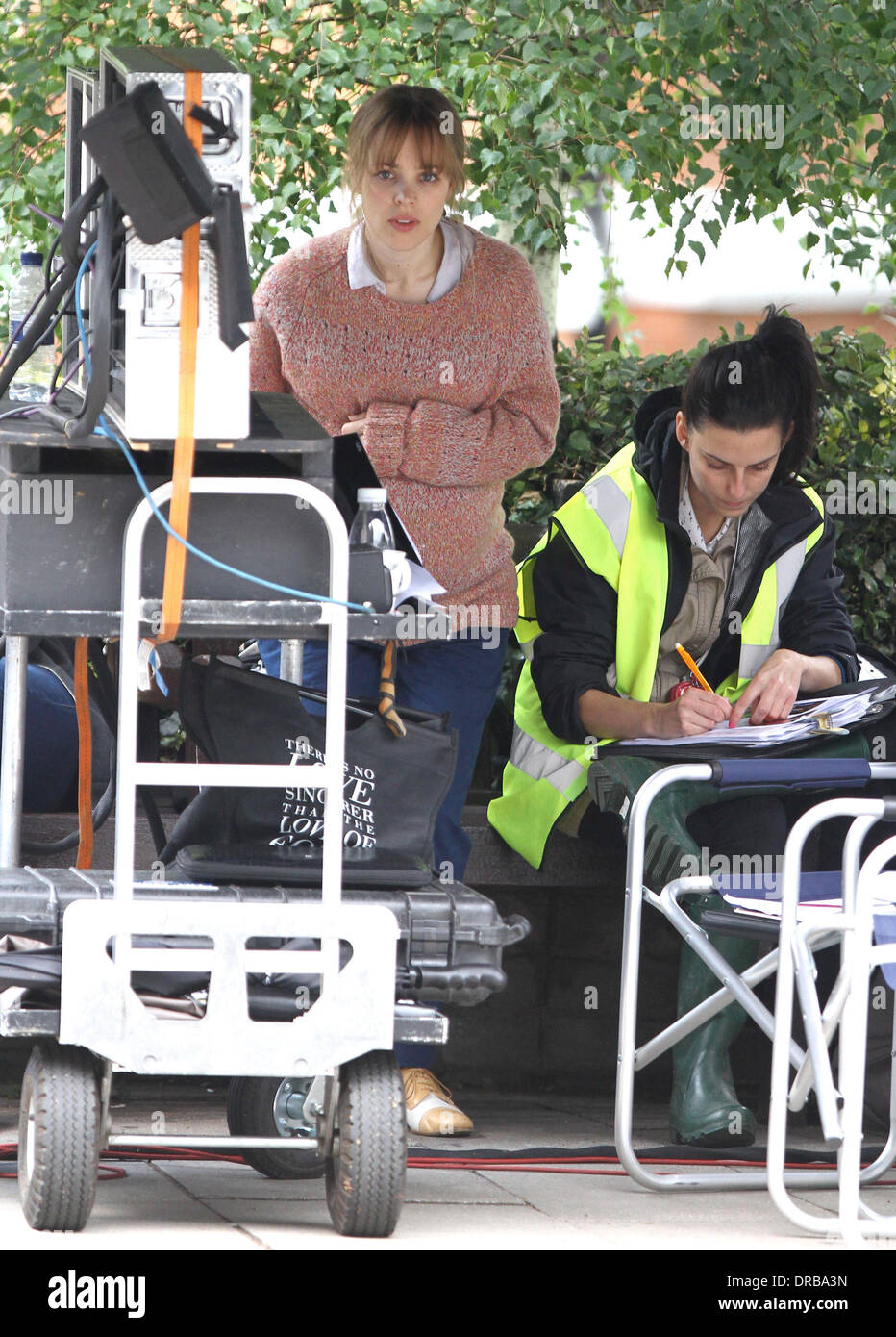 Rachel McAdams  on the set of 'About Time', on location in London. Rachel McAdams plays pregnant Mary and Domhnall Gleeson is cast as time-traveller Tim in the new Richard Curtis film. London, England - 08.07.12 Stock Photo