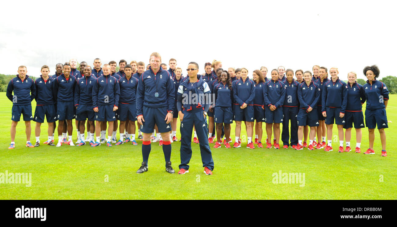 The Men's and Ladies' Team GB Olympic football squads, led by coaches Stuart Pearce and Hope Davis   Team GB Olympic football training at the Champneys Spa and Hotel Leicestershire, England - 09.07.12 Stock Photo