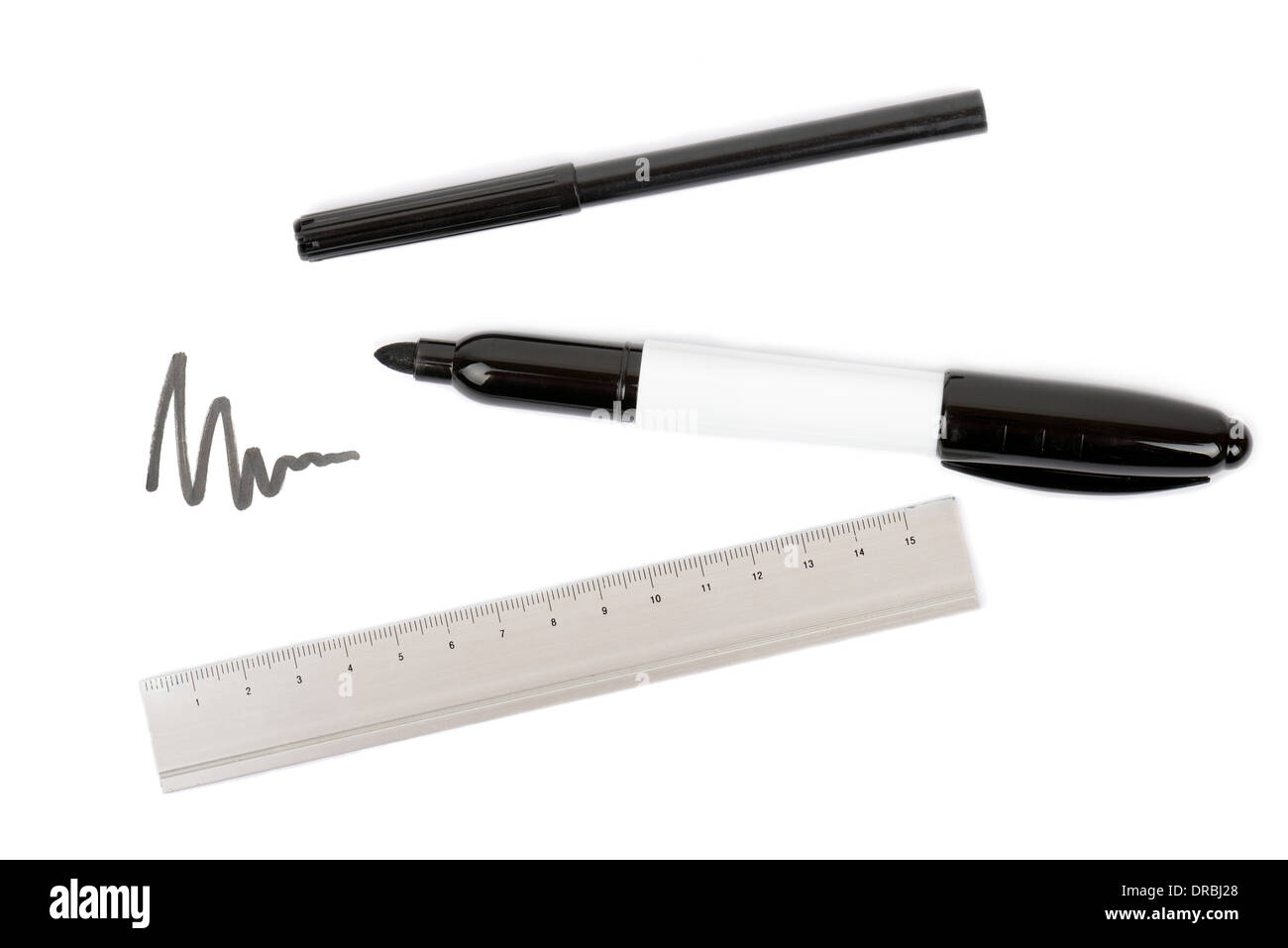 drawing equipmet pens and a ruler on a white background Stock Photo