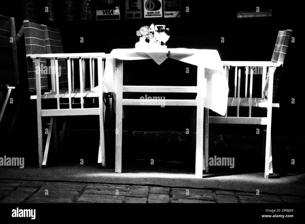 Table and chairs of road side cafe, Brussels, Belgium, Europe, 1986 Stock Photo